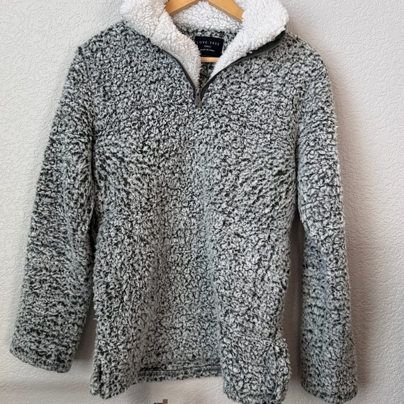Love Tree Sweaters - Love Tree Sherpa Sweater Quarter Zip Green and White Size Small